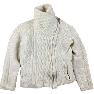 Irish Store Sweater Womens Ivory Merino Wool Zip Cardigan Size M Cable Knit